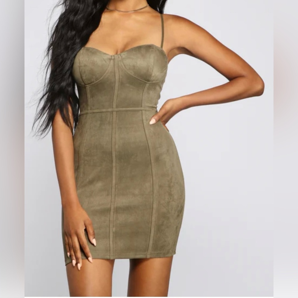 Faux Suede Olive Green Windsor Dress. New with Tag!